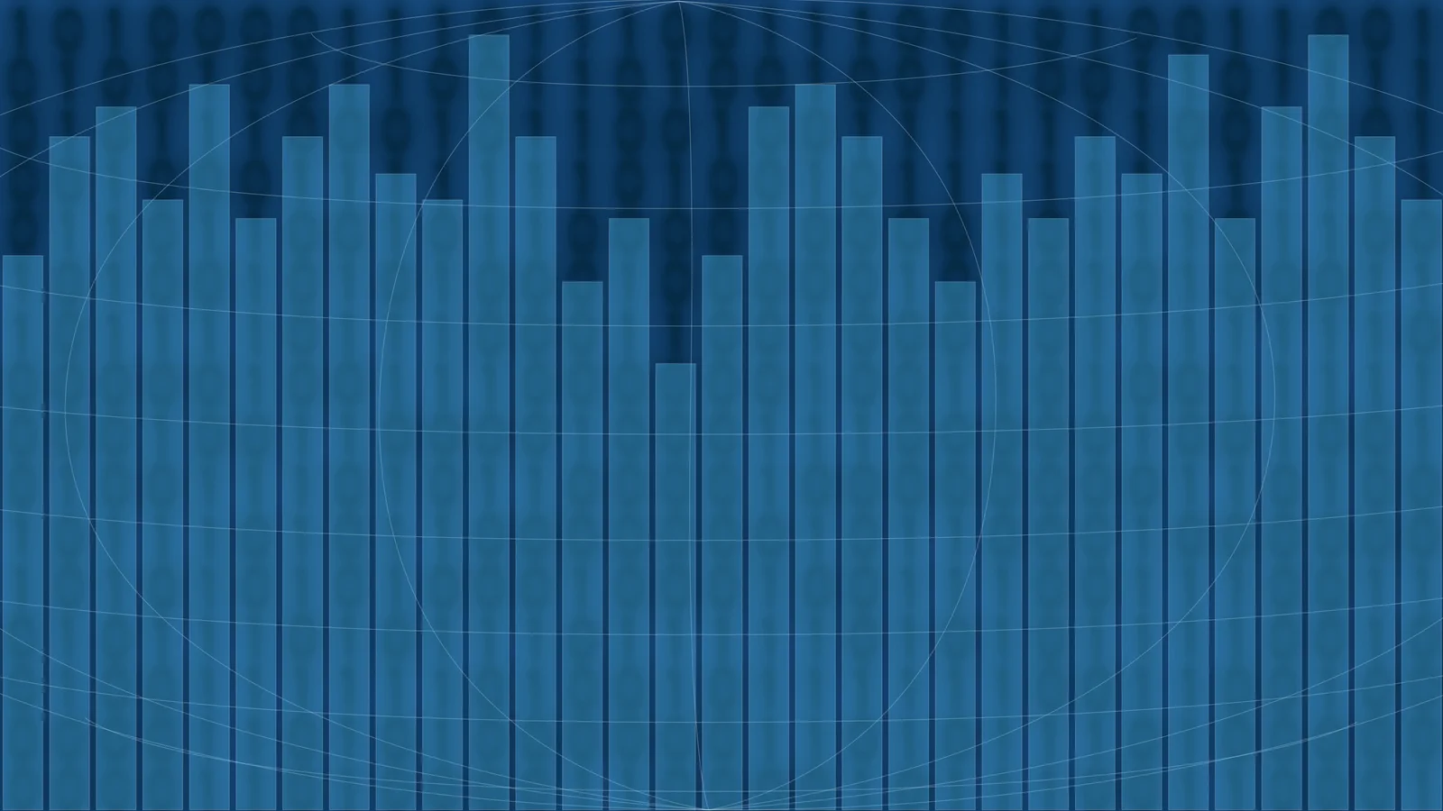 Abstract illustration: dozens of blue bars of varying height filling a dark blue field, crossed by faint curved lines.